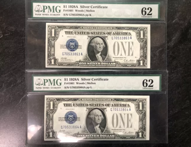 2 Consecutive $1 1928 A Pmg 62 Funny Back Silver Certificates Fr#1601