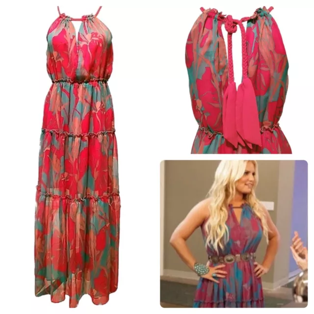 Jessica Simpson Maxi Dress Dannemora Shear Floral Tiered Pink Green Ruffle Small