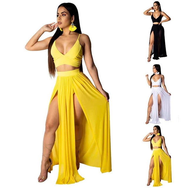 Donna Sexy-Beach Abito Set 2 Pezzi Top Corto Alto Split Rete Vestiti Set