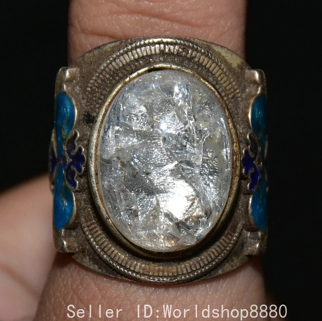 1.2" Ancient Chinese Dynasty Silver Inaly Crystal Gem Flower Jewelry Ring Finger