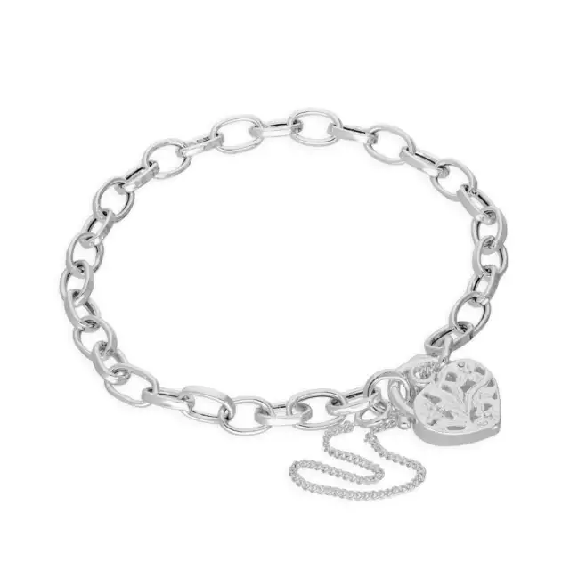 Sterling Silver Belcher Chain Charm Bracelet with Heart Padlock 6 - 8 Inches