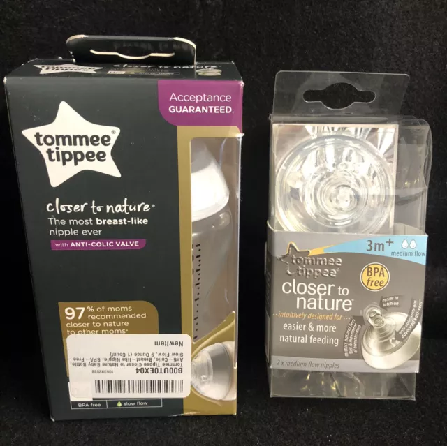 Tommee Tippee Closer to Nature Anti Colic Baby Bottle New 2 Medium Flow Nipples