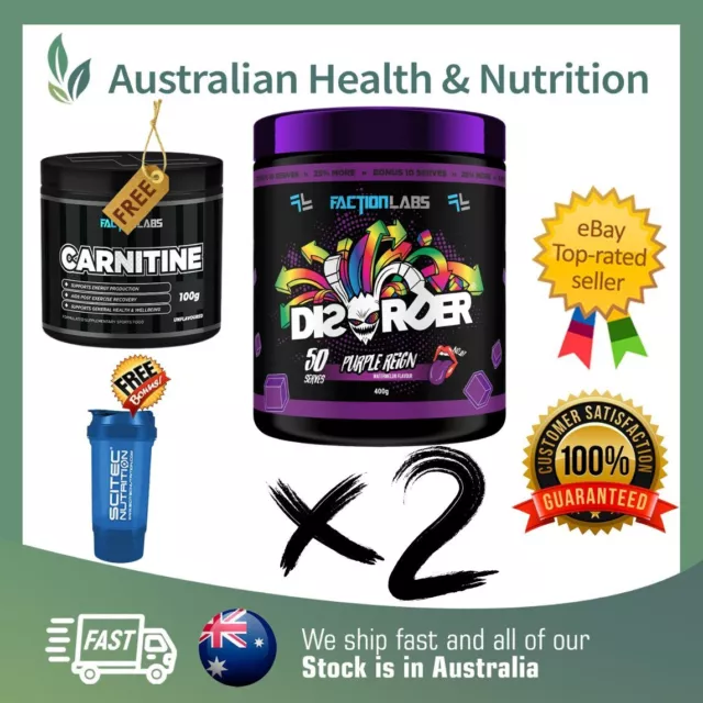 2 x FACTION LABS DISORDER PRE WORKOUT 50 SERVES + FREE SHAKER & CARNITINE 100G