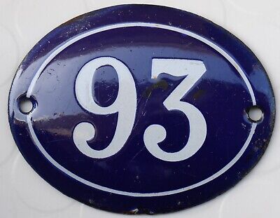 Old blue oval French house number 93 door gate plate plaque enamel steel sign