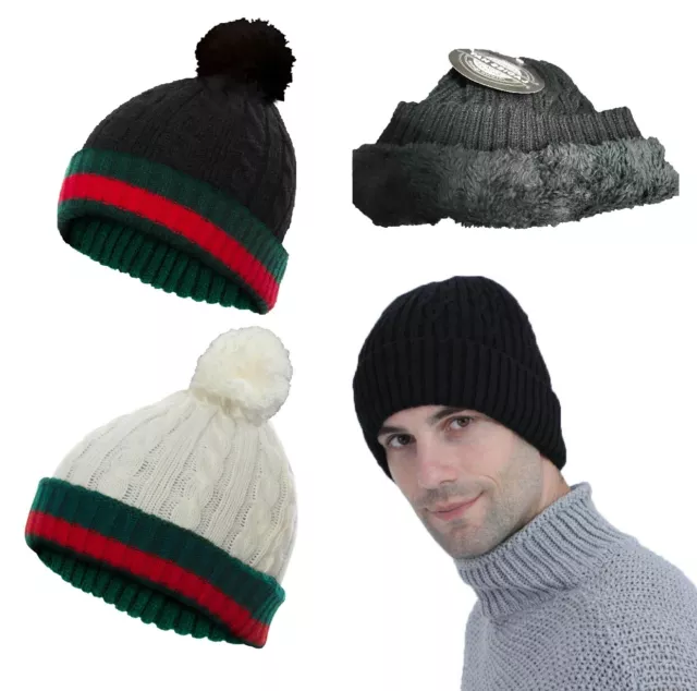 Man / Womens Winter Knitted Beanie Ski Hat Faux Fur Pom Pom