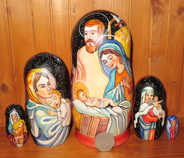 Nativity Christmas Matryoshka 5 Russian Nesting DOLLS Virgin Mary & Baby Jesus