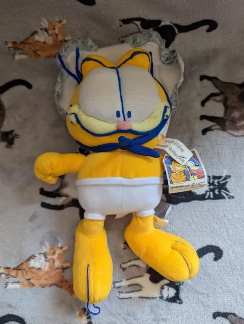 Rare Vintage 90s Baby Boy Garfield Cat with Bib 9" Soft Plush Toy Tagged Nanco