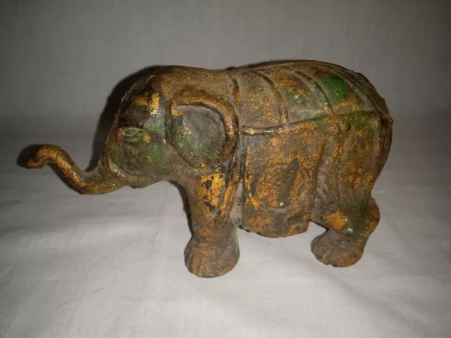 RARE Antique 6" Solid Cast Iron Circus Elephant Figurine Statue Gold Gilt