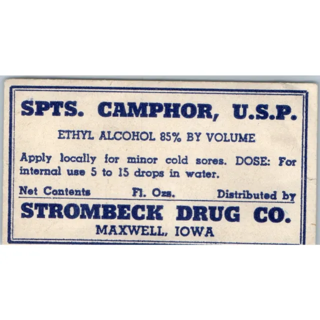 c1910s Maxwell, IA Pharmacy Paper Label Camphor Alcohol Strombeck Drug Rexall C6