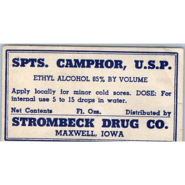 c1910s Maxwell, IA Pharmacy Paper Label Camphor Alcohol Strombeck Drug Rexall C6