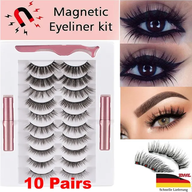 10 Paare magnetische Wimpern mit 2 Stück magnetischem Eyeliner und Pinzettenset