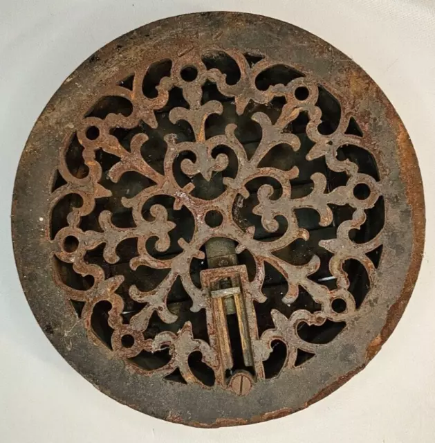 Vintage Ornate 9.5" Round Cast Iron Heat Grate W/ Working Louvers Free Shipping!