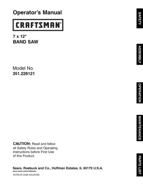 Owner's Manual & Parts List  Sears Craftsman 7 x 12" Band Saw - Model 351.226121