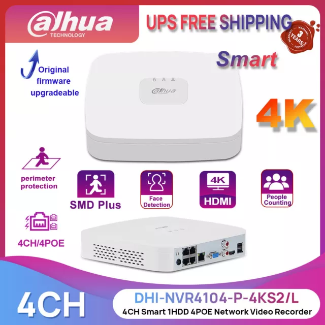 Dahua 4 Channel Smart 1U 1HDD 4POE 4K Network Video Recorder NVR4104-P-4KS2/L US