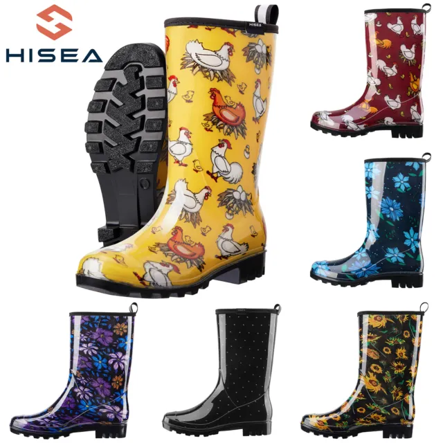 HISEA Women Printed Rain Boot Pull On Comfort Waterproof Wellies Mud Garden Boot