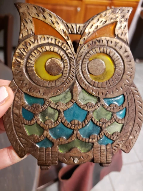 Vintage Owl Yellow Green Stained Glass Cast Iron Napkin Holder Retro Boho Decor