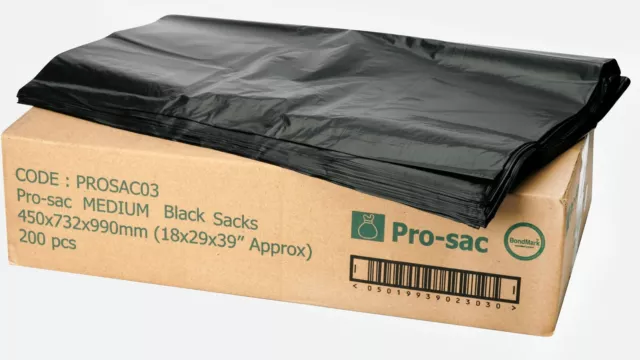 Black Refuse Sacks. Box of 200. Large 90 Litre. Medium Gauge for 12.5kg loads.