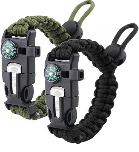 Camping hiking Survival Kit Paracord Bracelet Flint Fire Starter Whistle Compass