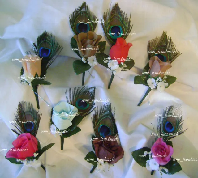 Peacock feather Rose Pin Boutonniere~Pin Corsage~your choice~Groom~Prom~Wedding