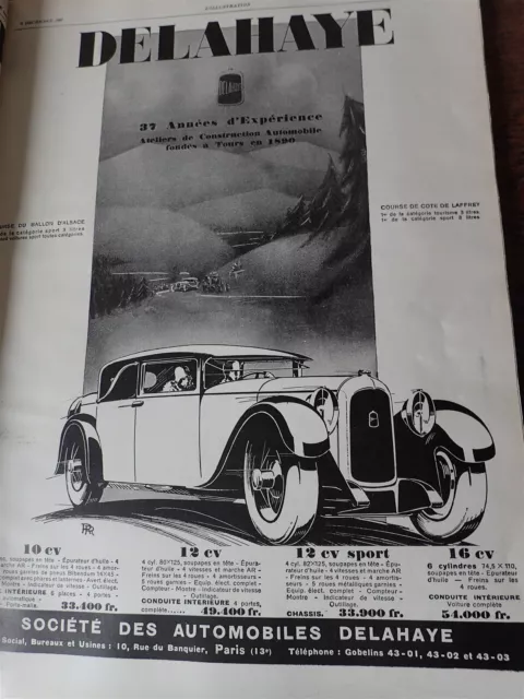 DELAHAYE 37 années automobile  publicité papier ILLUSTRATION NOEL 1927 col