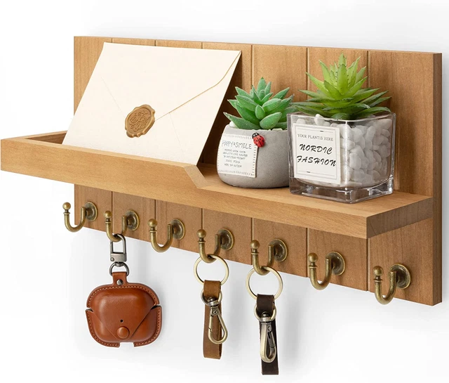 Decorative Key Holder for Wall Shelf - Farmhouse Wood Wall Hanging Mail Organize