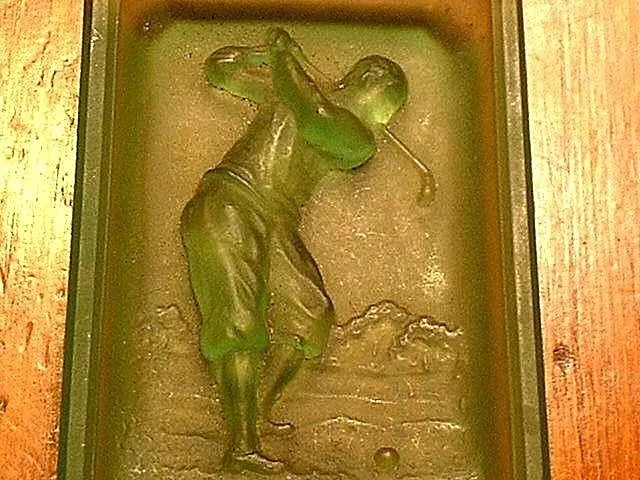 RARE Depression Green Satin Finished Dish With Golfer Motif 2