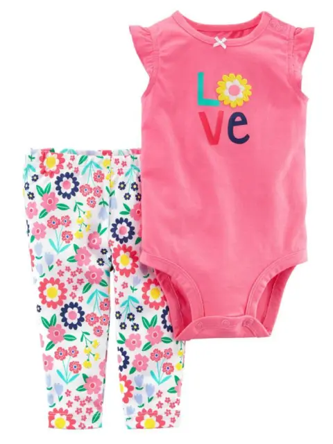 Carters Infant Girls Baby Outfit Pink Love Tank Bodysuit & Floral Leggings Set