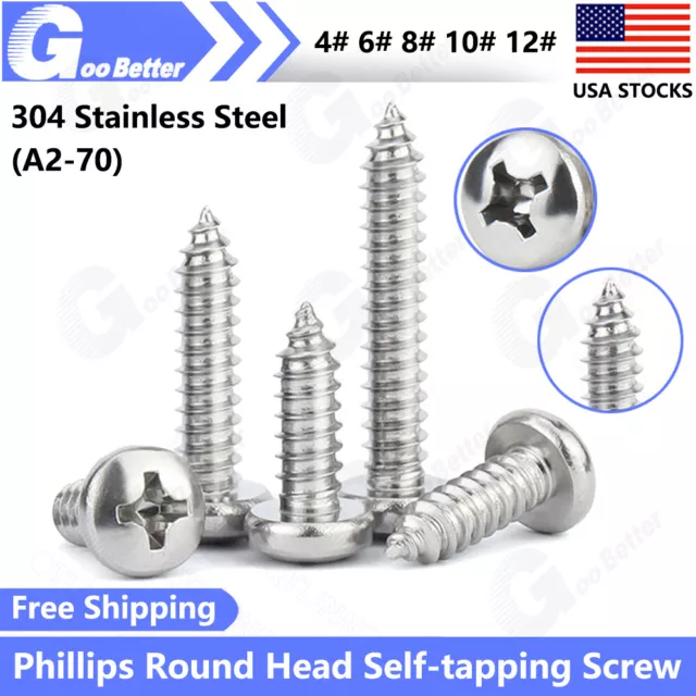 Phillips Pan Round Head Self-tapping Wood Screw A2 Stainless Steel #4 6 8 10 12