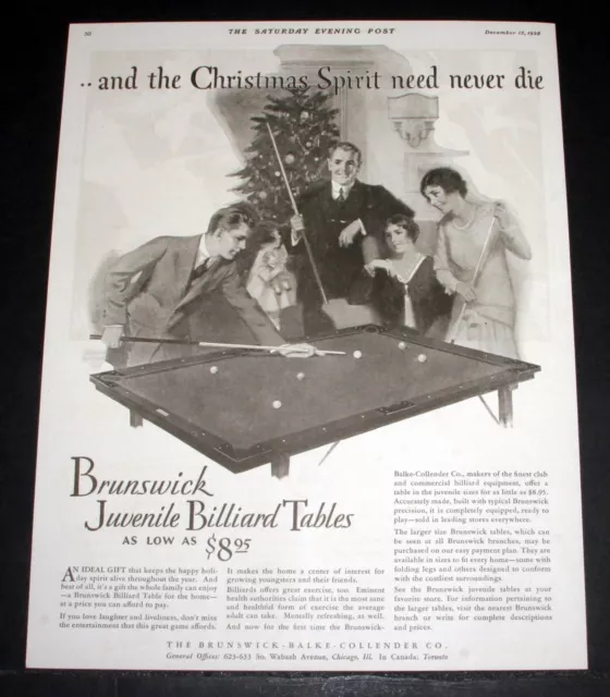 1928 OLD MAGAZINE Print Ad, Brunswick Juvenile Billiard Table