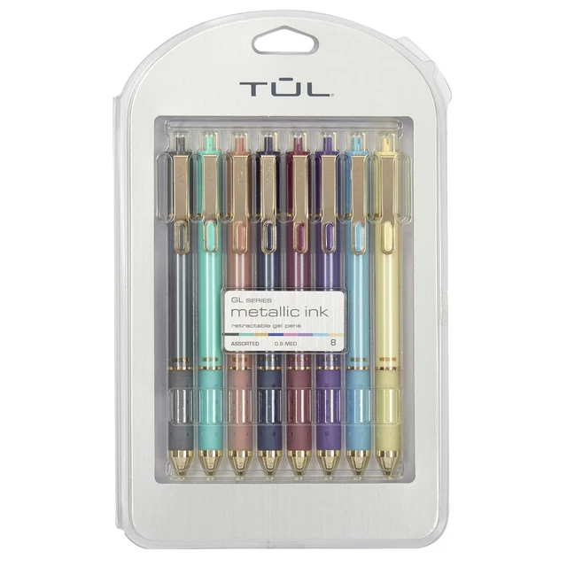 TUL Retractable Gel Pens, Medium Point, 0.8 mm, Assorted Metallic Inks, 8Pk