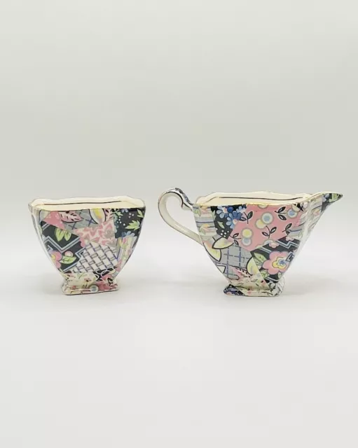 Royal Winton Grimwades Quilt Creamer & Open Sugar England Hand Painted Chintz