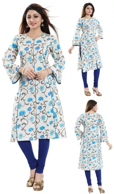 Women Ethnic Cotton Printed Top 3/4 Sleeves Kurti Tunic Kurta Shirt Dress NK39