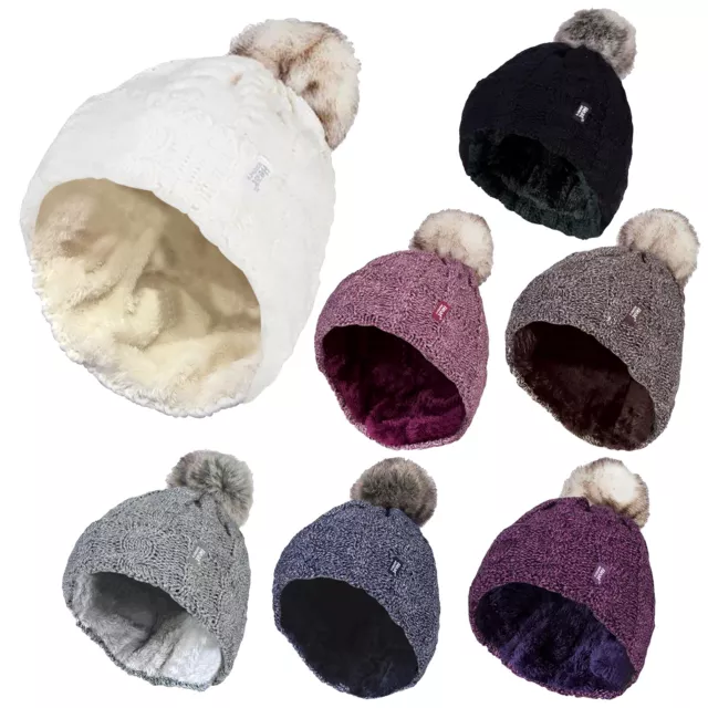 Heat Holders - Womens Fleece Lined Cable Knit Winter Beanie Hat with Pom Pom