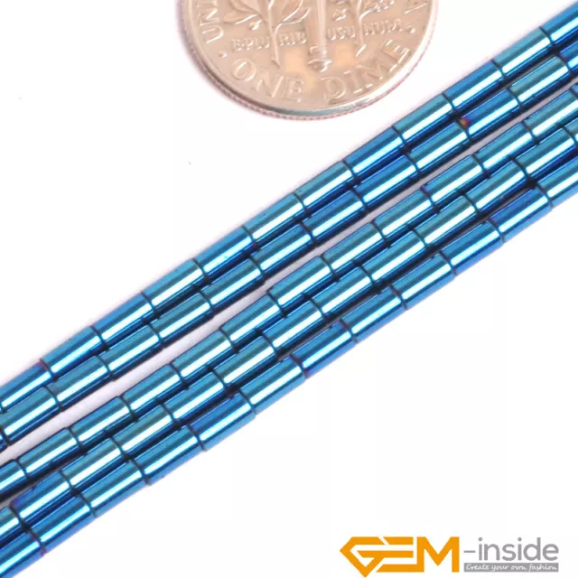 Blue Hematite Stone Tube Column Metallic Coated Reflections Loose Beads 15"2x4mm