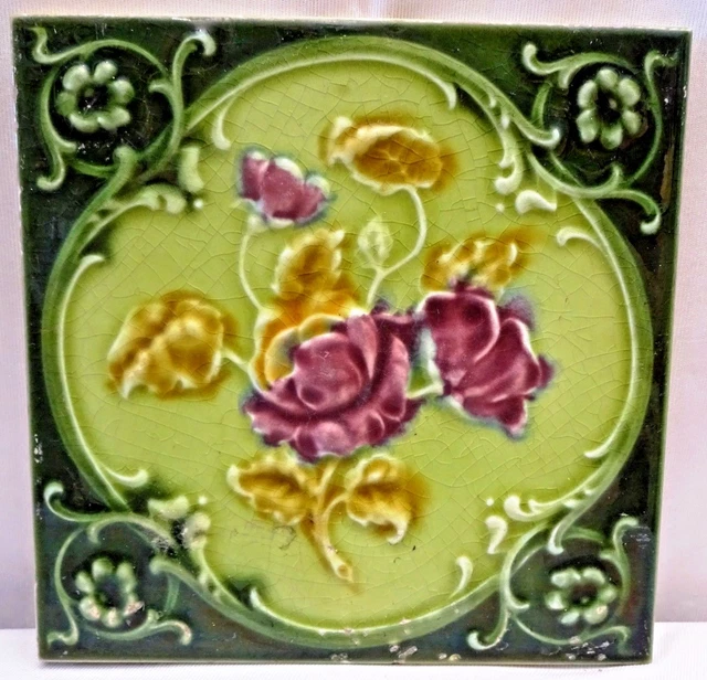 Carreau Vintage Porcelaine Rose Violet Angleterre Art Nouveau Majolique Objets #