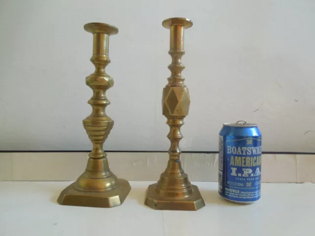 Pair of 11" Antique 19th Century Brass Candlesticks - 1 Beehive Push Up