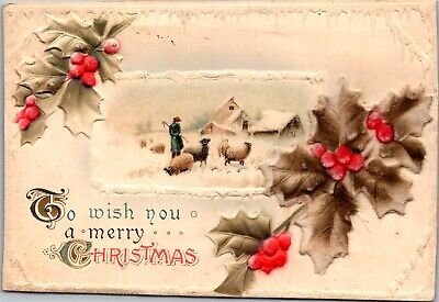 To Wish You A Merry Christmas Farm Sheep Holly Felt c1908 Embossed Postcard