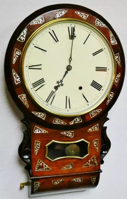 Rare Antique 8 Day Striking Inlaid Mother Of Pearl Rosewood Drop Dial Wall Clock