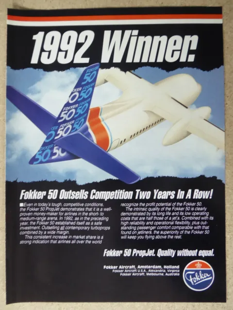 2/1993 Pub Fokker Aircraft Fokker 50 Airliner Regional Airlines Original Ad