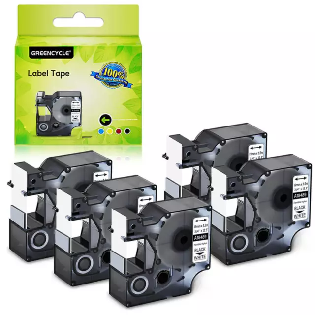 5PK 3/4" Black on White Flexible Nylon Label Tape 18489 For DYMO Rhino 5000 1000