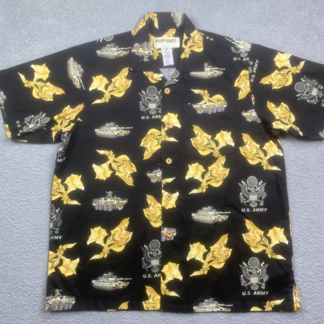 Eagle Crest Kamp Shirt Mens Large Black Gold US Army Tank Hawaiian Button Up