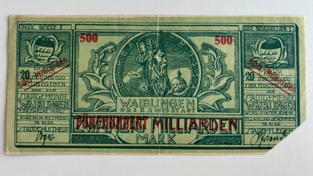Württemberg Notgeld WAIBLINGEN Oberamtsstadt, 500 Milliarden Mark 18.10.1923 Üdr