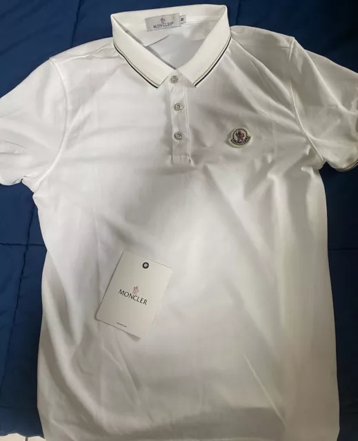 MONCLER MENS LOGO Polo Shirt Medium White 100% Cotton Spread Collar ...