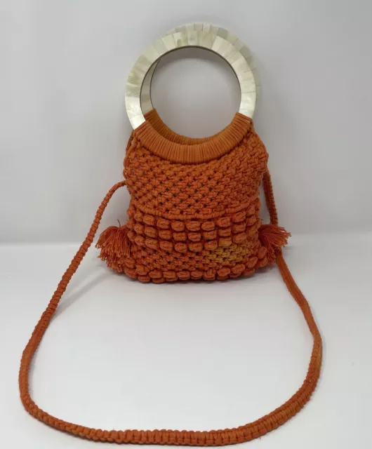 Cleobella Orange Bag Knit Monaco Macrame Tassel Tote Acrylic Handles