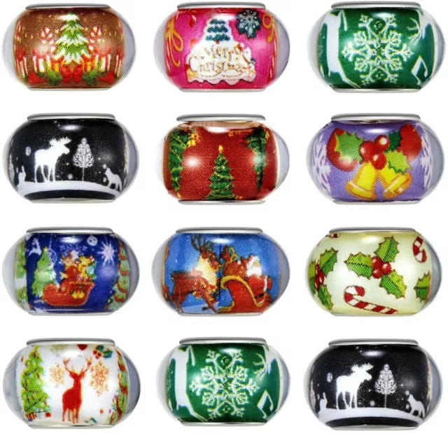 5 Large Hole Beads European Glass Big Spacers Christmas Assorted Lot Mix 14mm