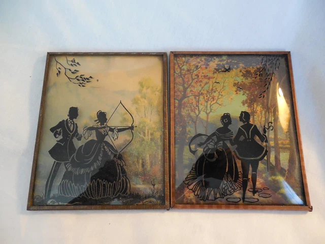 Conjunto de dos vidrios convexos de pintura inversa vintage de 4"" x 5""****