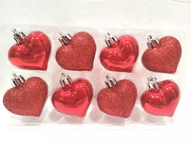 8pc Valentines Day Red Glitter Plastic Hearts Tree Ornaments Decor 1.75"