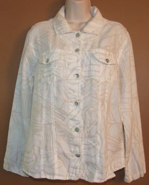 CHICO'S Womens's Button Front Jacket- White/Tan Abstract - Size 1 (Med/8) - EUC