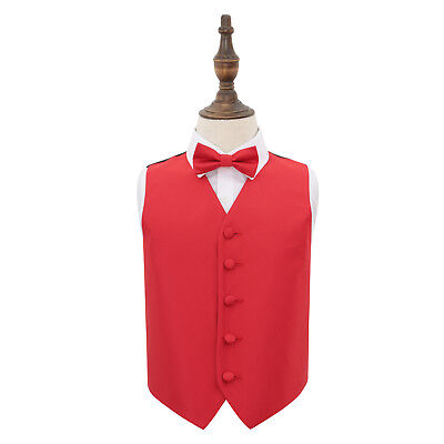 DQT Woven Plain Solid Check Red Boys Wedding Waistcoat & Bow Tie Set