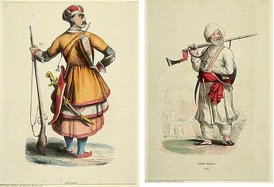 Two 19th century Hand Colored Engraving Prints of  Soldiers in costumes